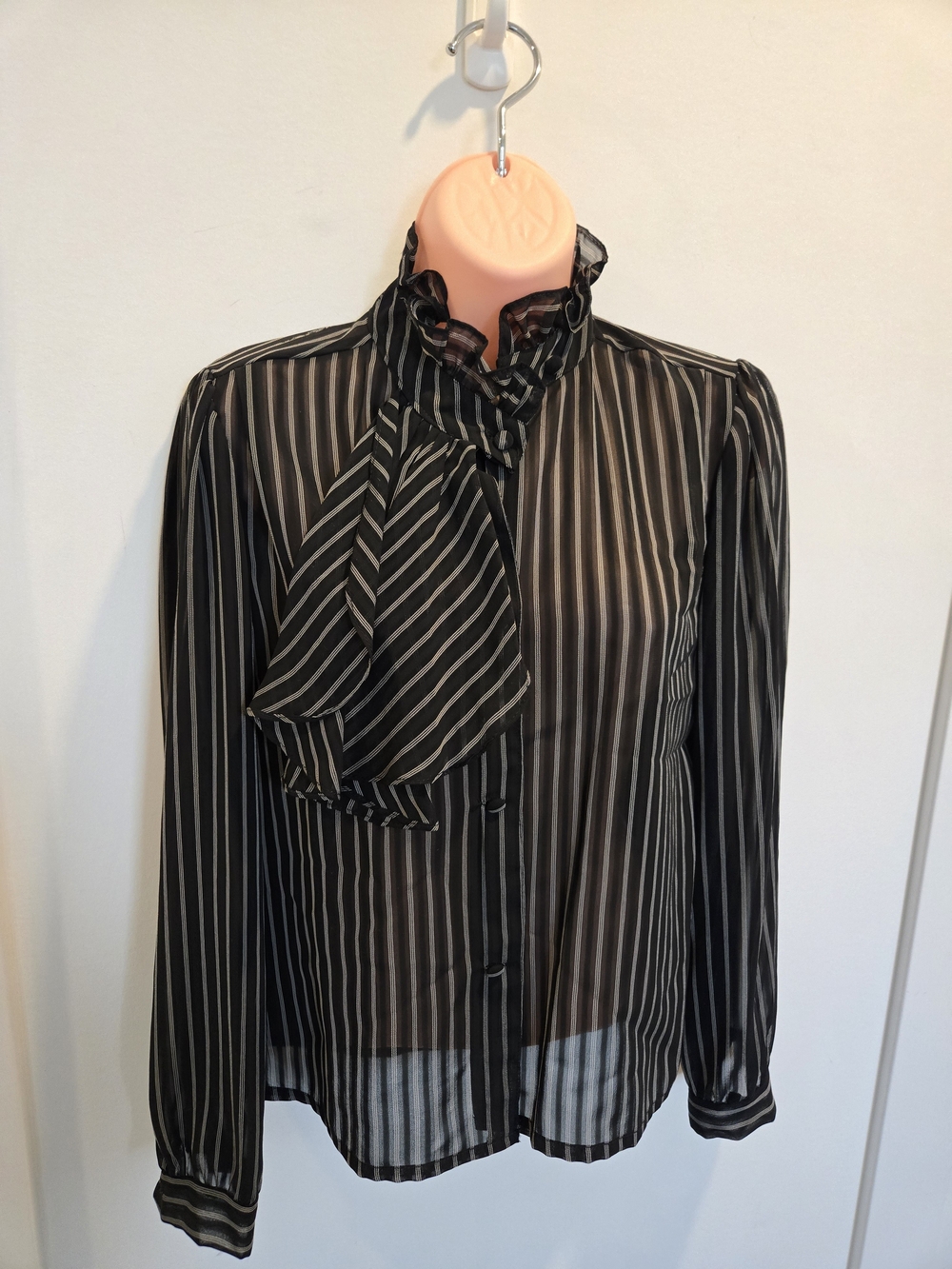 At One Black Sheer Pinstripe Bow Blouse Medium Victorian Goth
